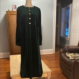 Pomander Place Dark Green Velvet Maxi Dress with Gold Buttons
